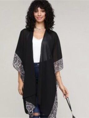 Black Chiffon Kimono Cardigan Snakeskin Trim Resortwear Boho xl